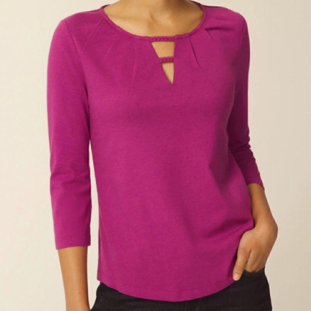 CHICO’S BRAIDED TRIM PLEATED 3/4 SLEEVE SHIRTTAIL TEE WILD MULBERRY 2 =L…